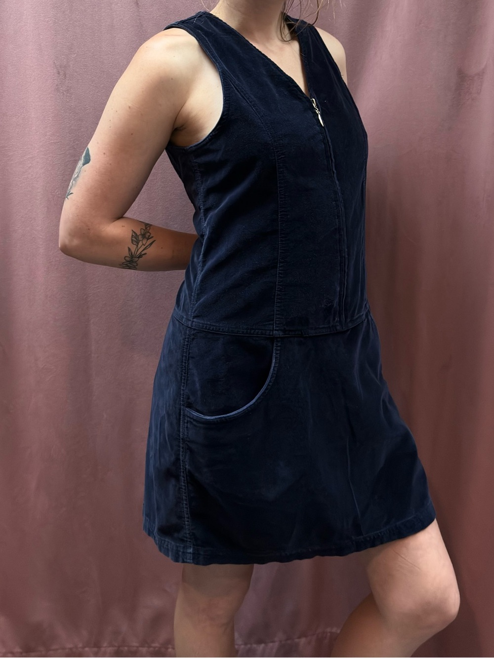 Vintage 90s Express EXP Navy Velvet Zip Front Mini Jumper Dress S